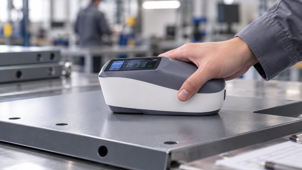 Portable spectrophotometer measuring the color of an automotive component
