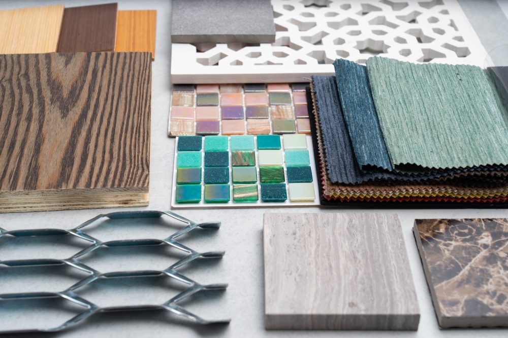 Building material and finish samples beside a colour chart